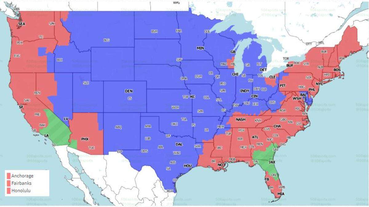 The Chiefs game will be seen by people in the blue states in this map.