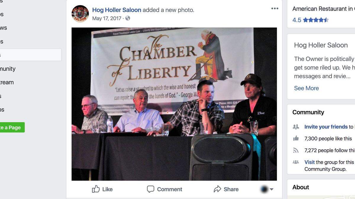 Kris Kobach (second from right) shared the stage in May 2017 with rocker Ted Nugent (right) and Larry Pratt (on Kobach's left) of Gun Owners of America at the Kansas Rock Your Rights Festival at the Hog Holler Saloon in Ozawkie, Kan.