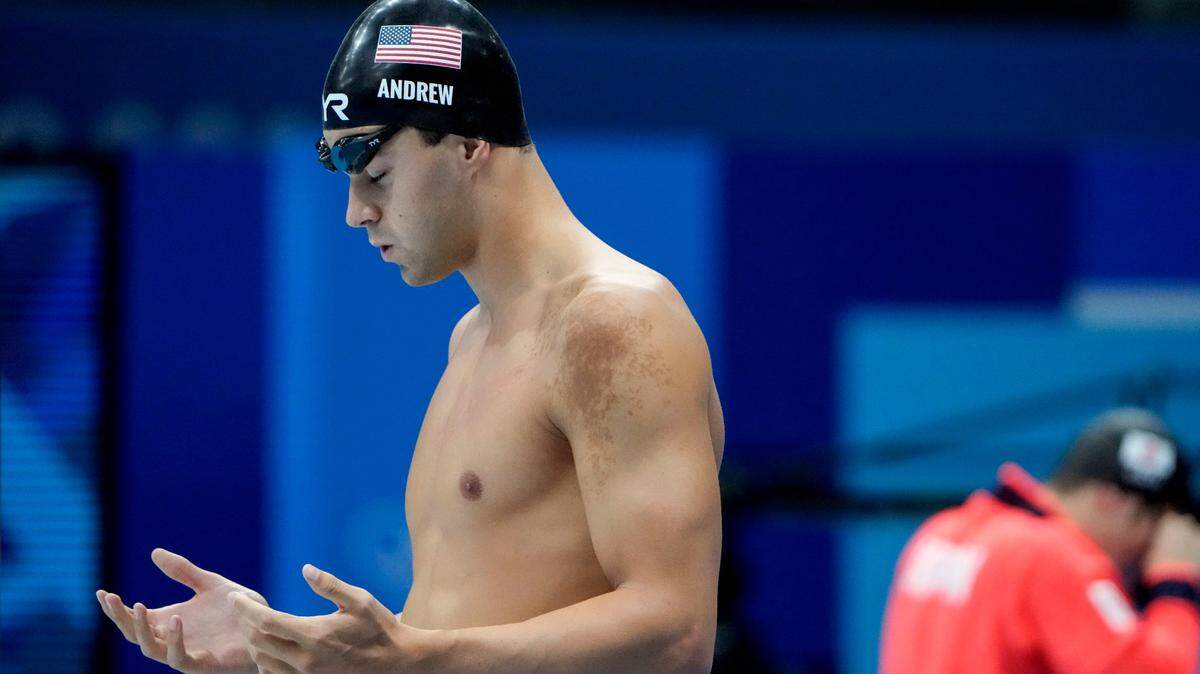 Michael Andrew, of United States, concentrates prior to the men’s 200-meter individual medley final at the 2020 Summer Olympics, Friday, July 30, 2021, in Tokyo, Japan.