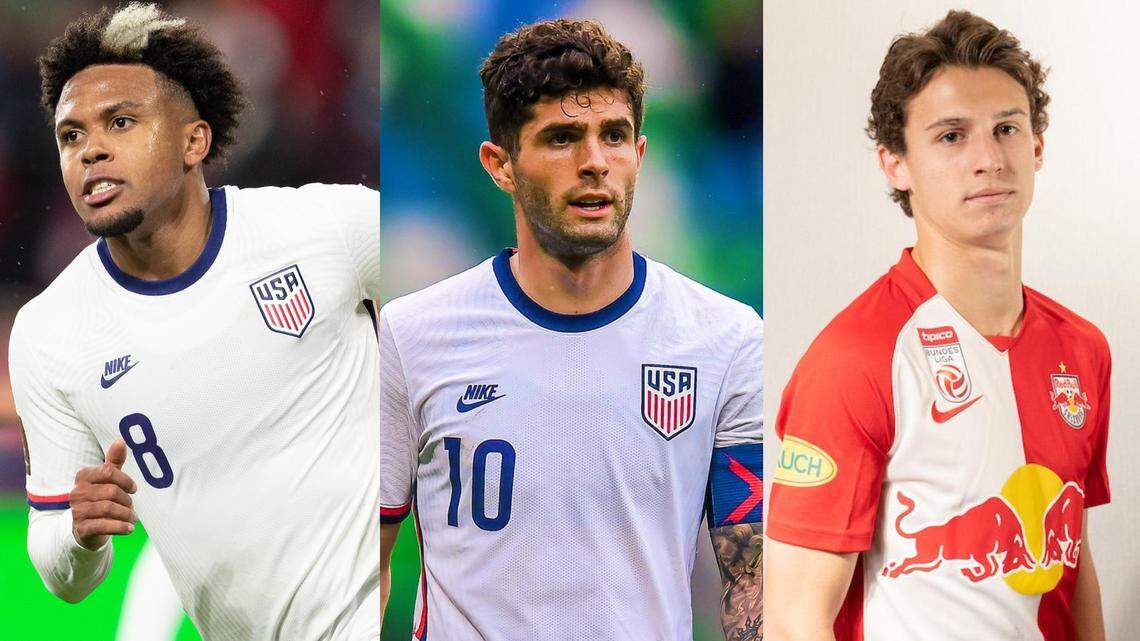 The United States national team is bringing a soccer roster headlined by (from left) Weston McKennie, Christian Pulisic and Brendan Aaronson into a June 5 international friendly against Uruguay at Children’s Mercy Park in Kansas City, Kan.