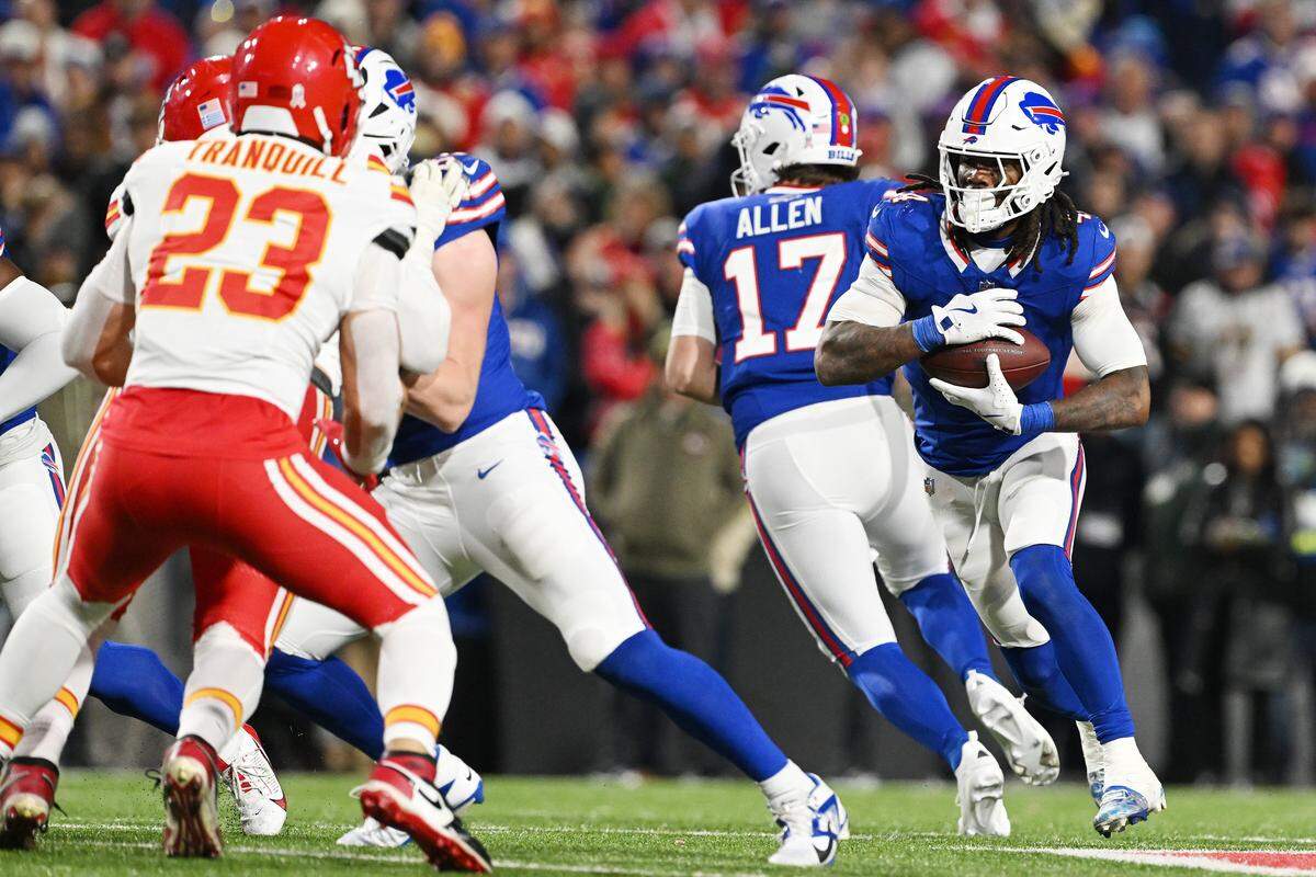 Buffalo’s James Cook, right, became the first running back to gain 100 yards against the Kansas City Chiefs since Christmas Day 2023 during an NFL Week 9 game at Highmark Stadium in Orchard Park, New York, on Sunday, Nov. 2, 2025.