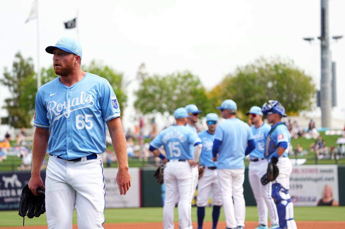 Kansas City Royals starting pitcher Matt Sauer (65) leaves the game against the Texas Rangers during the second inning at Surprise Stadium on March 23, 2024.