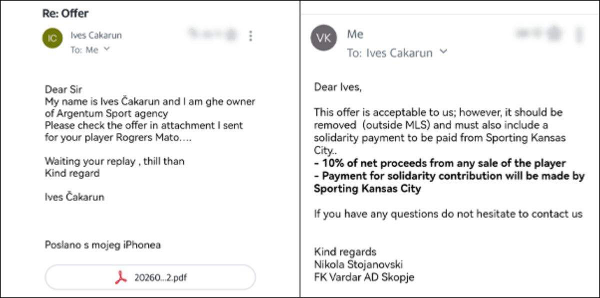 North Macedonian soccer club FK Vardar shared emails appearing to show communication with a player agent and Sporting KC regarding a potential transfer move.