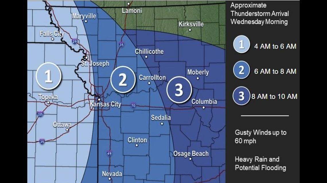 A complex of strong to severe thunderstorms are expected to move across Kansas overnight, reaching the Kansas City area early Wednesday, according to the National Weather Service on X, formerly known as Twitter.