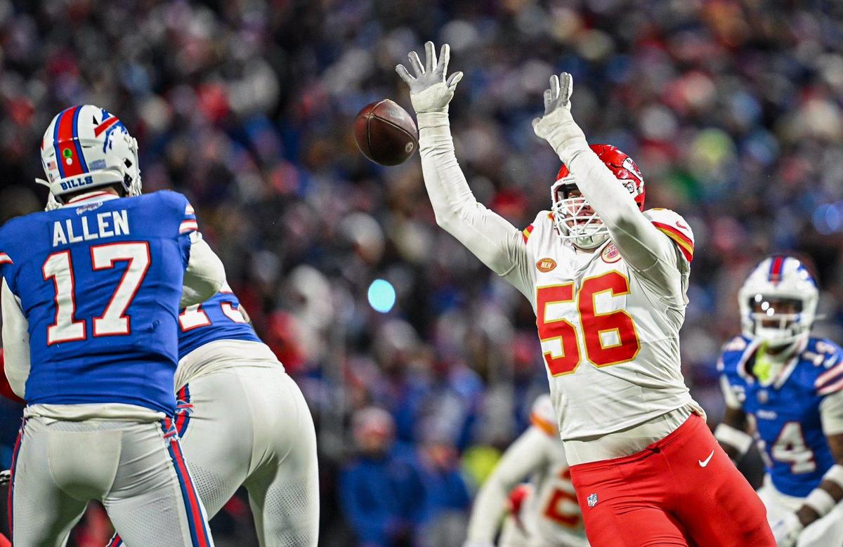 Kansas City Chiefs defensive end George Karlaftis (56) pressures Buffalo Bills quarterback Josh Allen (17) on a pass in the second half Sunday, Jan. 21, 2024, at Highmark Stadium in Orchard Park, New York.