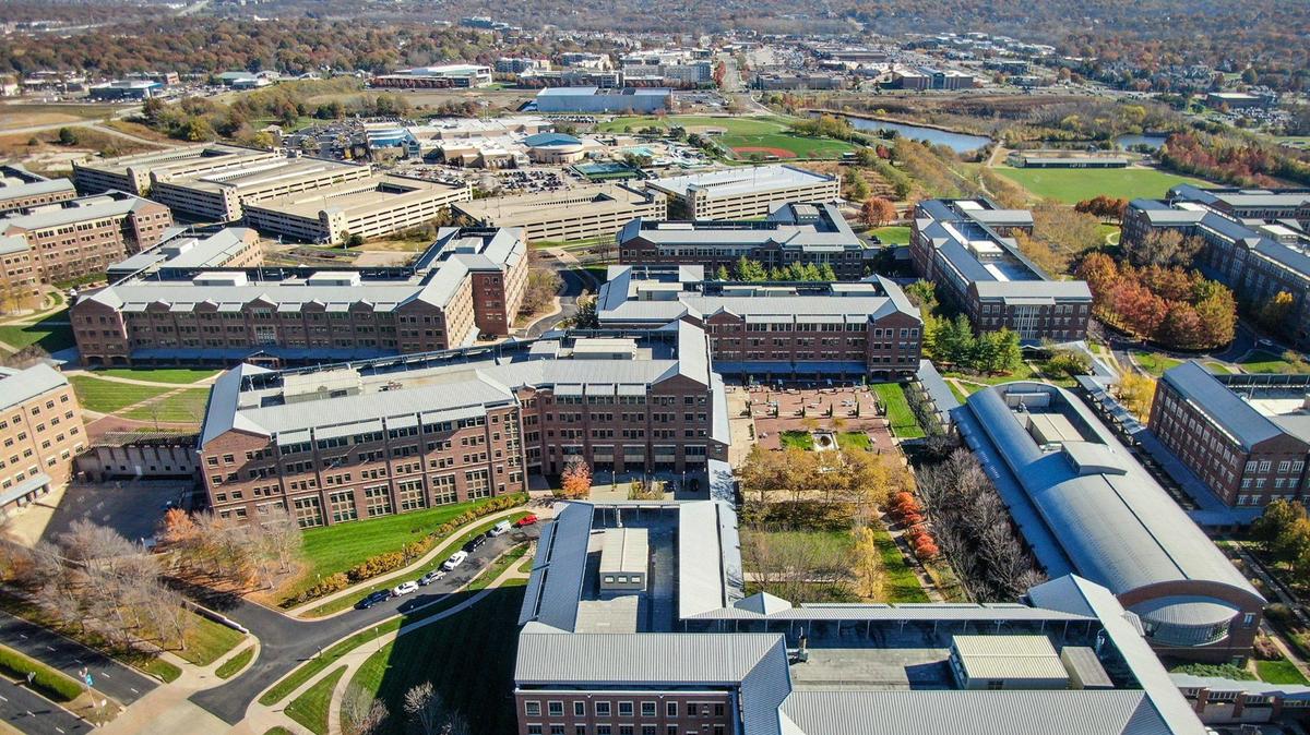 Vacant land sits is seen along Nall Avenue from about 115th Street (top right) to 119th Street, (top left) near the Aspira Campus in Overland Park on Wednesday, Nov. 14, 2024. The campus includes several five story parking garages.