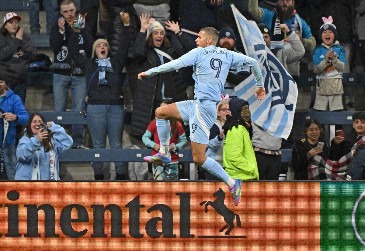 Sporting Kansas City forward Dejan Joveljic (9) reacts after scoring his second goal against St. Louis City in the second half at Children’s Mercy Park on April 5, 2025.