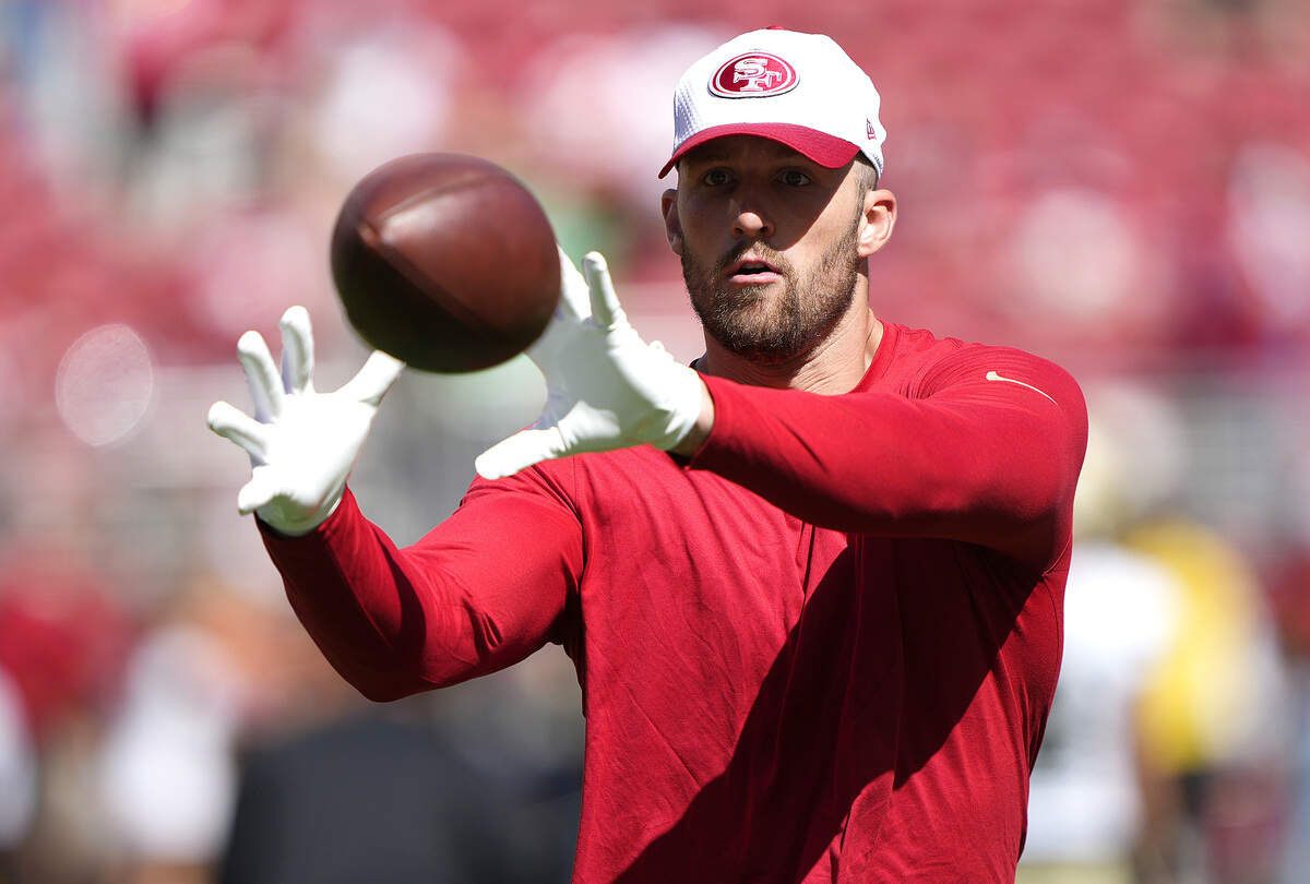 Mason Pline #89 of the San Francisco 49ers warms up prior to the start of a preseason game against the New Orleans Saints at Levi’s Stadium on August 18, 2024 in Santa Clara, California.
