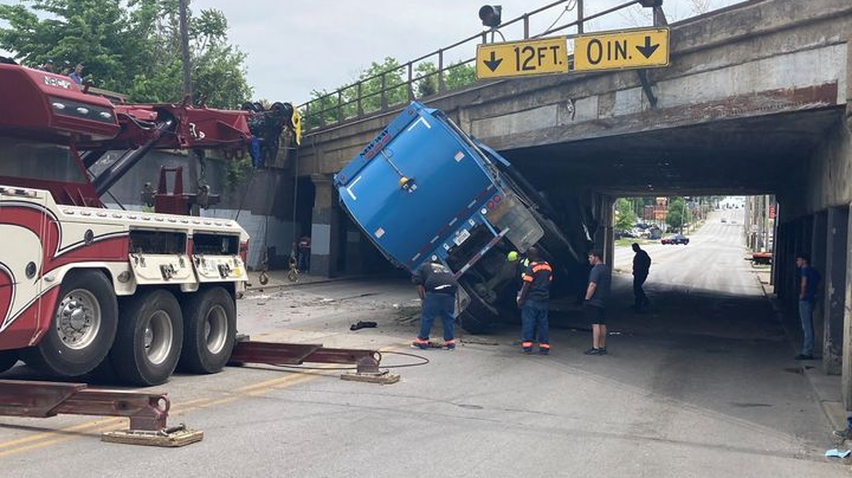 A garbage truck struck the Independence Avenue bridge on May 19, causing it to become wedged under the overpass. The driver of the truck was not injured.