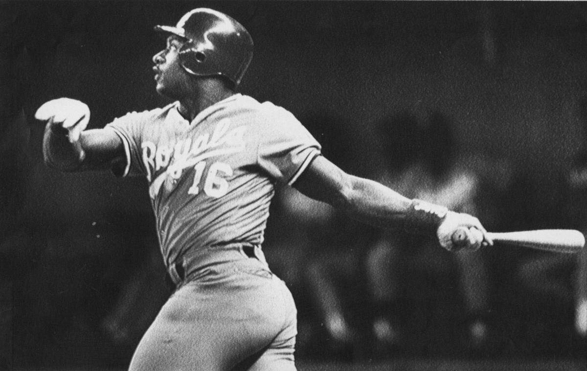 Bo Jackson tracks the flight of a baseball during a 1989 game with the Kansas City Royals.