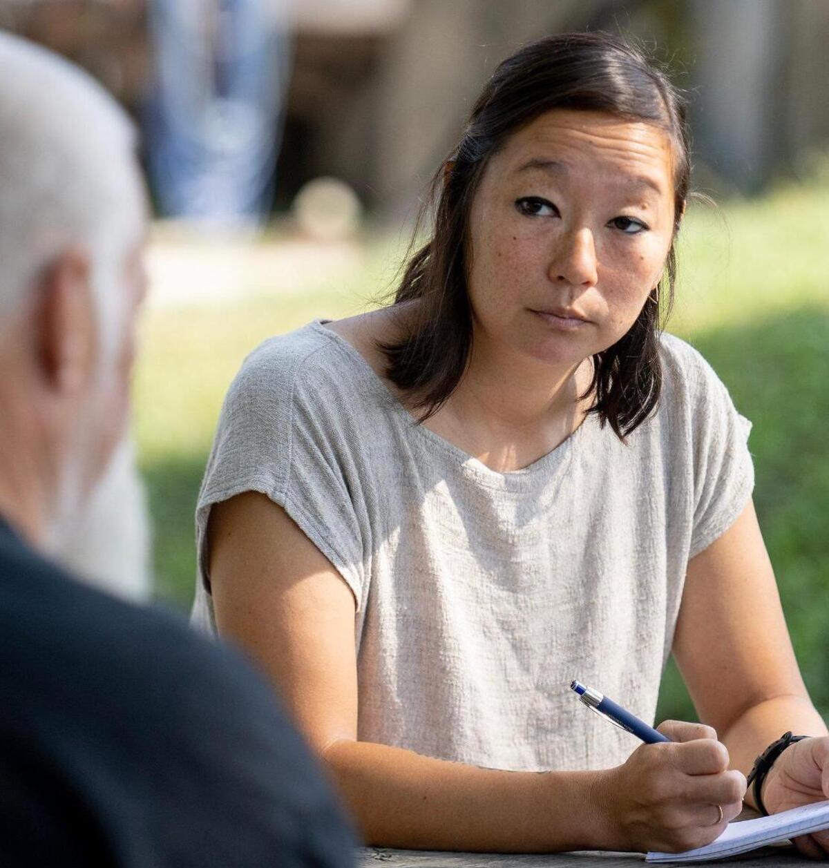 Katie Moore, an enterprise and accountability reporter at The Star, interviews a man in a small Missouri town for an upcoming project.