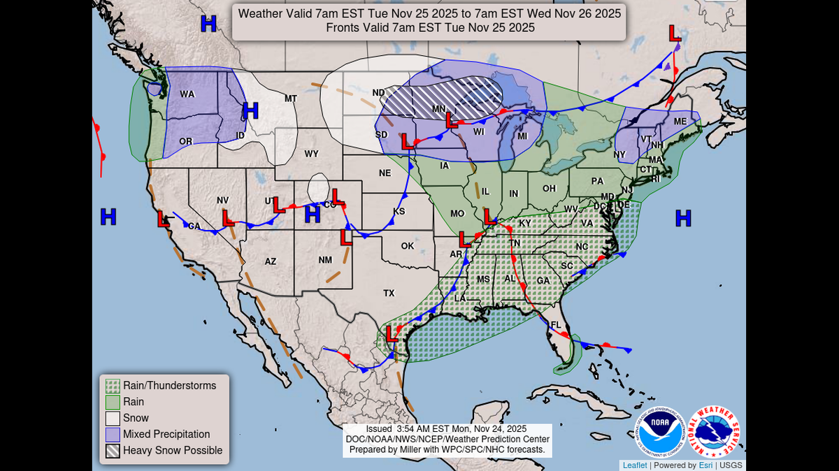 Rain showers spread across Kansas City on Monday, with colder air for Thanksgiving and a possible weekend winter storm expected to impact areas north and east, according to the National Weather Service.