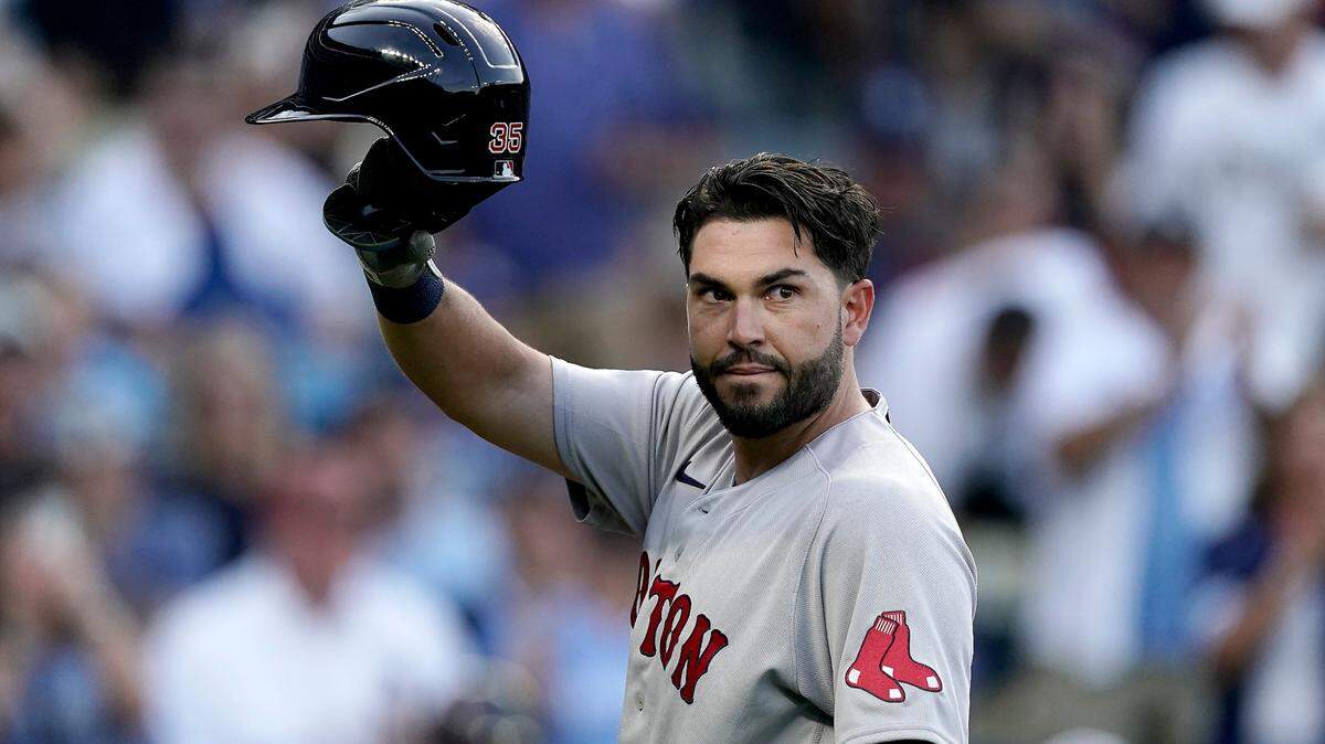 Boston Red Sox’s Eric Hosmer acknowledges the crowd before batting during the first inning of a baseball game against the Kansas City Royals Thursday, Aug. 4, 2022, in Kansas City, Mo. Hosmer is a former Royal and was part of the club’s 2015 World Series championship team. (AP Photo/Charlie Riedel)