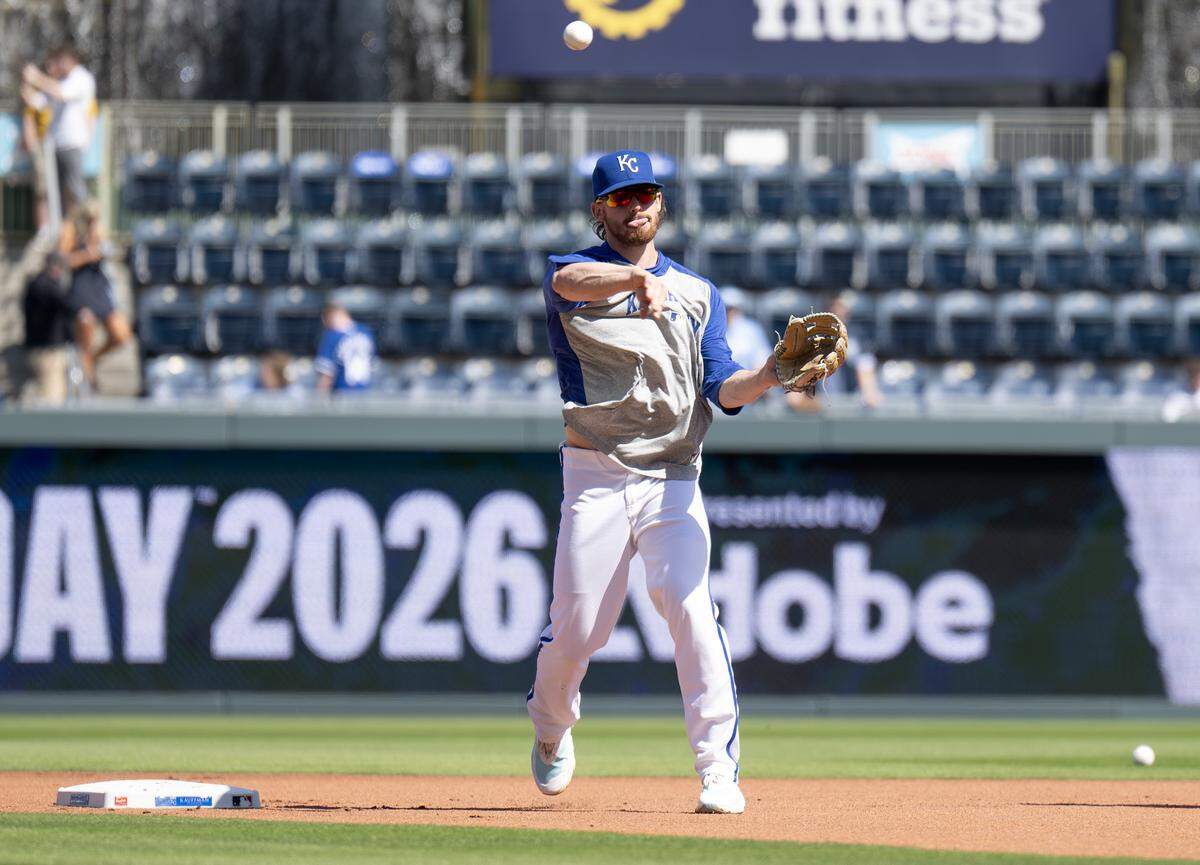 Kansas City Royals shortstop Bobby Witt Jr. (7) warms up during batting practice before the home opener against the Minnesota Twins at Kauffman Stadium on Monday, March 30, 2026, in Kansas City.