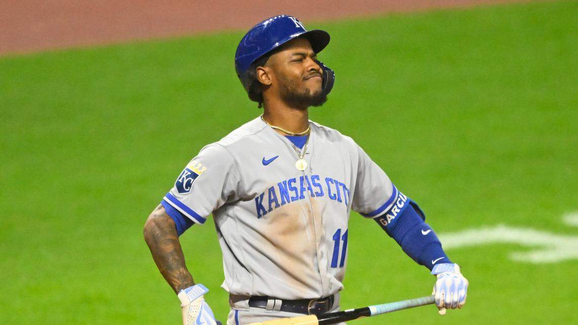Kansas City Royals third baseman Maikel Garcia (11) reacts after striking out in the sixth inning against the Cleveland Guardians at Progressive Field on July 6, 2023.