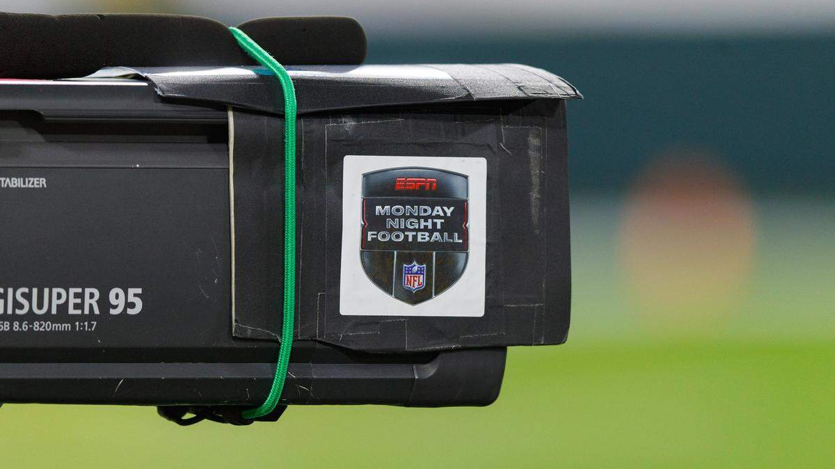 Oct 5, 2020; Green Bay, Wisconsin, USA; The Monday Night Football logo on a television camera prior to the game between the Atlanta Falcons and Green Bay Packers at Lambeau Field. Mandatory Credit: Jeff Hanisch-USA TODAY Sports