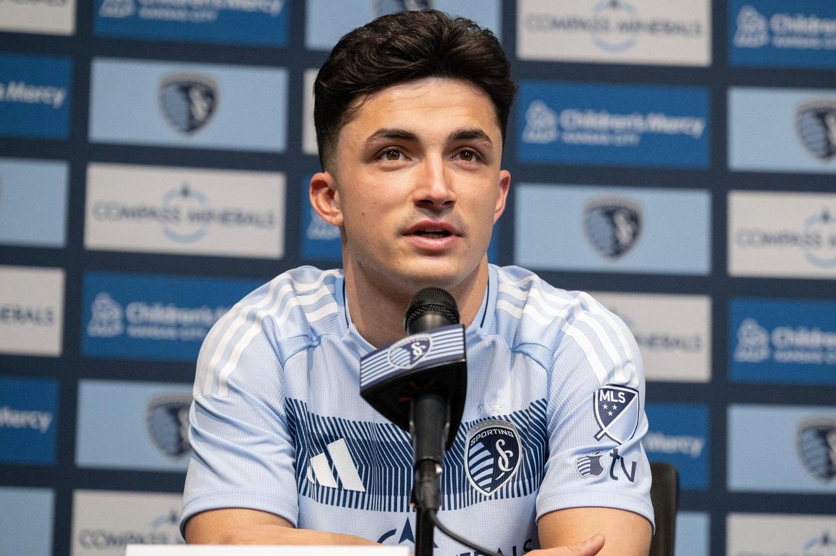 New Sporting Kansas City midfielder Manu Garcia takes questions during media day at Children’s Mercy Park on Friday, Feb. 14, 2025, in Kansas City, Kansas.