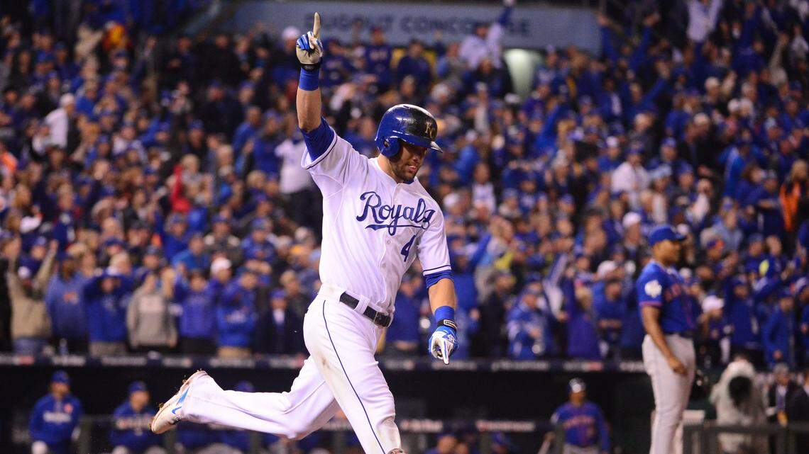 Kansas City Royals left fielder Alex Gordon (4) celebrates after hitting a solo home run against the New York Mets in the ninth inning of Game 1 of the 2015 World Series at Kauffman Stadium on Oct. 27, 2015.