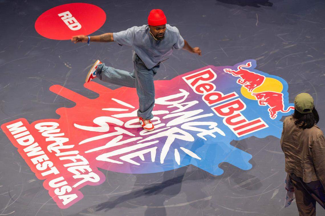 “Sweetface” performs a move in a battle against “Passion” in the first round of the Red Bull Dance Your Style Midwest Regional Qualifier, on Saturday, April 25, 2026, at the Kauffman Center for the Performing Arts.