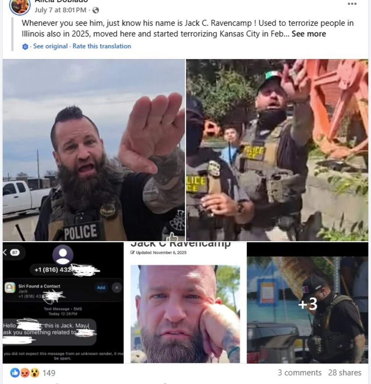 A Facebook post by an immigration advocate identifying ICE agent Jack C. Ravencamp of Lenexa.