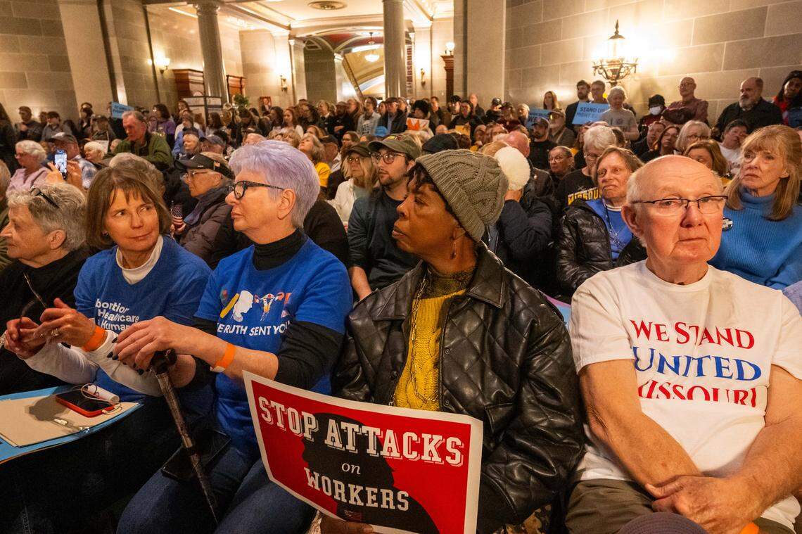 Protesters listen to speakers in the Missouri State Capitol rotunda on Wednesday, January 21, 2026 in Jefferson City. Organizations and allies gathered to protest recent Missouri lawmaker's decisions.