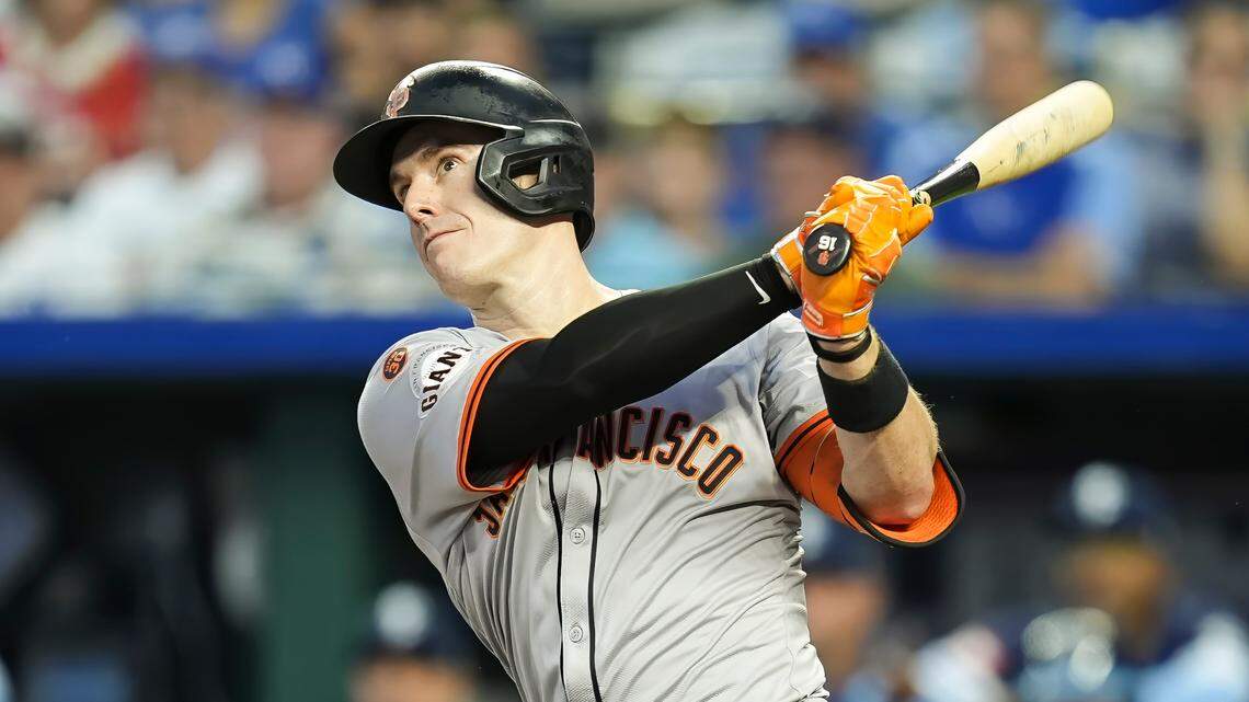 San Francisco Giants first baseman Mark Canha (16) bats during the first inning against the Kansas City Royals at Kauffman Stadium on Sep 20, 2024 in Kansas City, Missouri, USA.