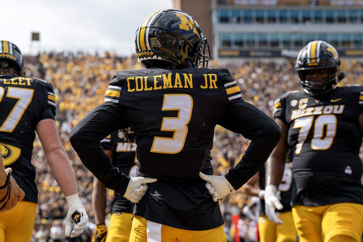 Missouri Tigers wide receiver Kevin Coleman Jr. (3) celebrates a touchdown with teammates in the second quarter during a game against the Kansas Jayhawks at Faurot Field at Memorial Stadium on Saturday, Sept. 6, 2025, in Columbia.