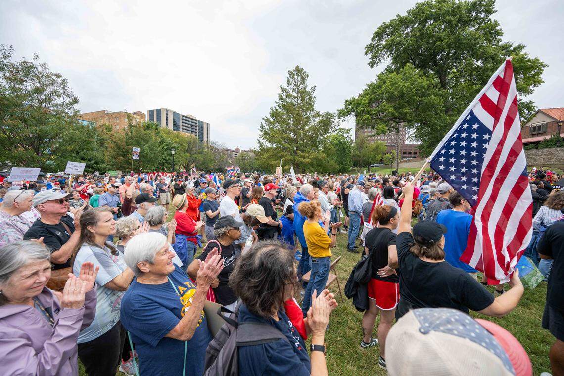 Hundreds of people attended a Labor Day rally put together by several labor unions and organizations, on Monday, Sept. 1, 2025, at Mill Street Park in Kansas City.