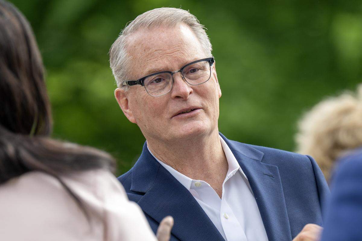 Rev. Adam Hamilton, senior pastor of the United Methodist Church of the Resurrection, greets supporters after delivering his remarks announcing his run for U.S. Senate at Harmon Park on Thursday, April 30, 2026, in Prairie Village.