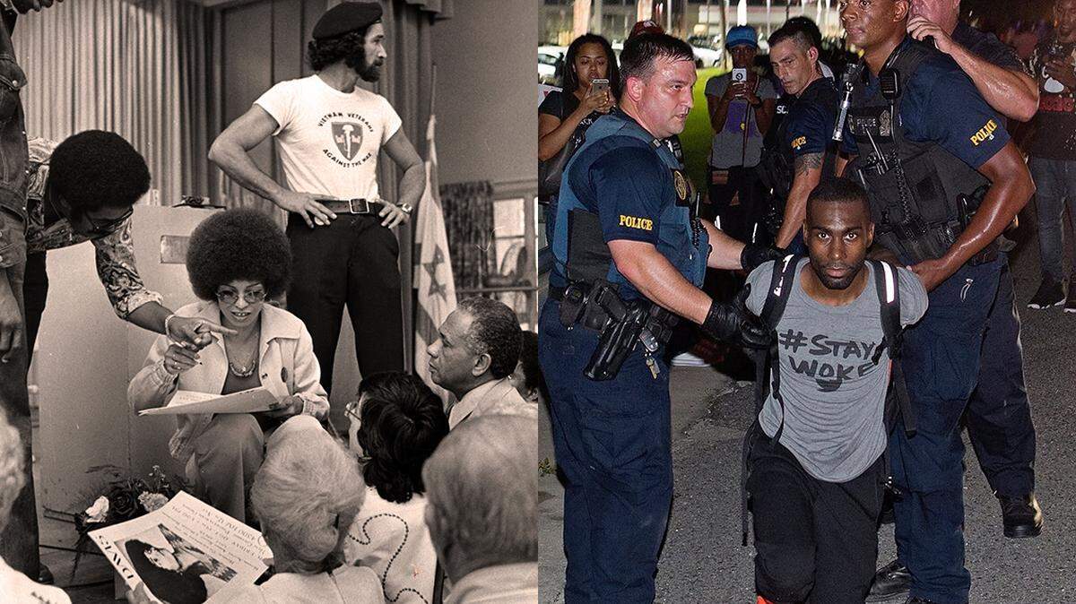Angela Davis, left, autographs posters under the watchful eye of fellow activists and bodyguards in 1973. At right, Black Lives Matter activist DeRay Mckesson is arrested in Louisiana in 2016 while protesting  police killings. Young bystanders capture the moment on their smartphones.
