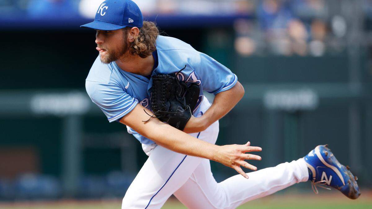 Kansas City Royals pitcher Jackson Kowar delivers to a Minnesota Twins batter during the first inning of a baseball game in Kansas City, Mo., Sunday, Oct. 3, 2021. (AP Photo/Colin E. Braley)