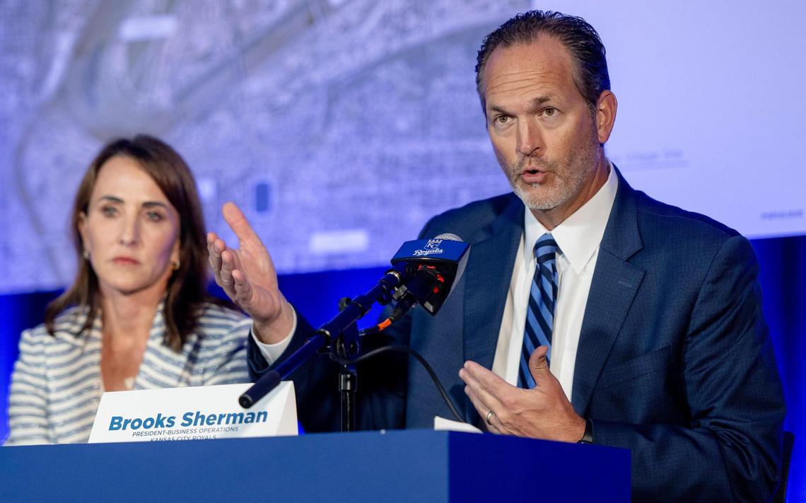 Brooks Sherman, Royals president of business operations, speaks during a press conference detailing two locations the Royals are considering for the club’s new stadium on Tuesday, Aug. 22, 2023, in Kansas City.