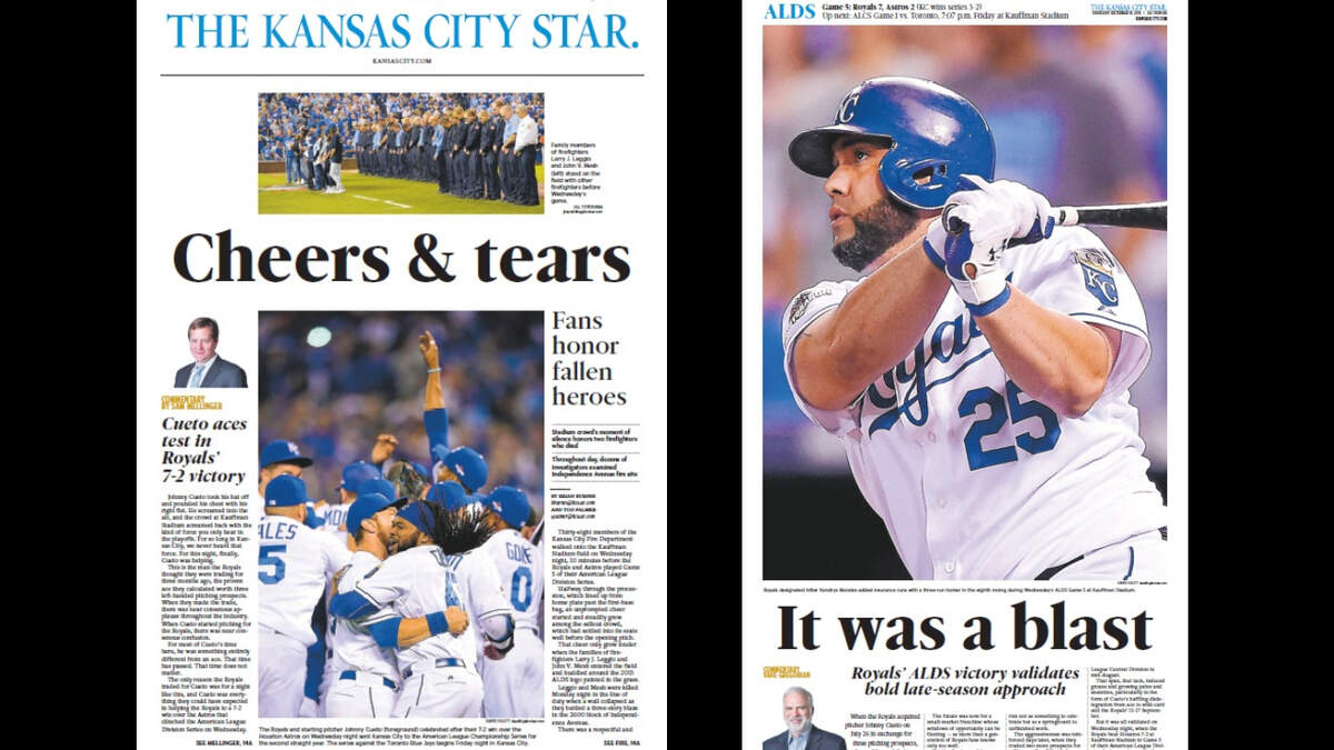 The front page of The Kansas City Star and the sports section the day after the Royals beat the Astros in Game 5 of the American League Division Series on Oct. 14, 2015.