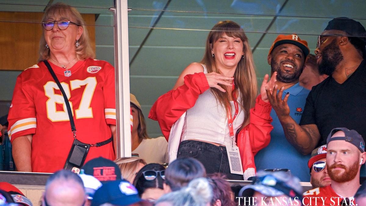 Donna Kelce, left, mother of Chiefs tight end Travis Kelce watched the Sept. 24 game with Taylor Swift, center, at GEHA Field at Arrowhead Stadium in Kansas City. Swift has watched the team play twice.