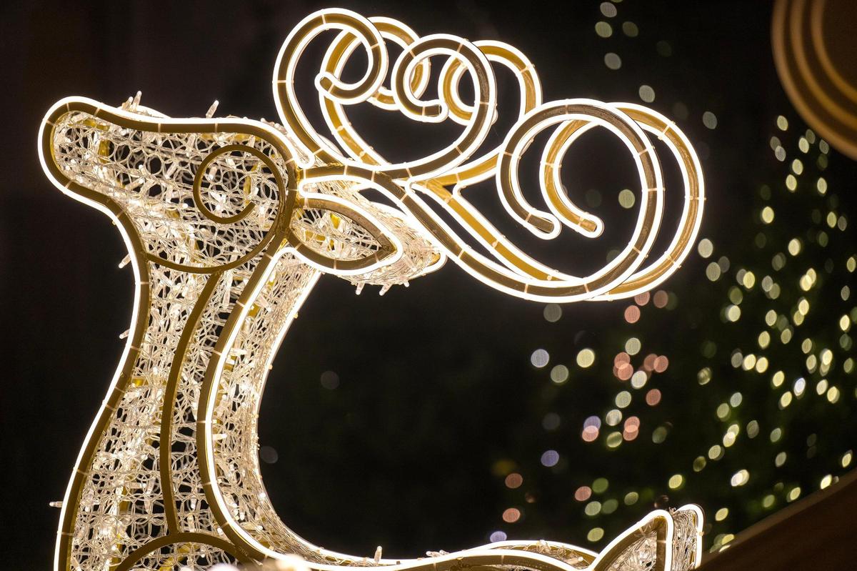 An illuminated reindeer aglow at Holiday Reflections,”a walk through display in Union Station’s Grand Plaza.