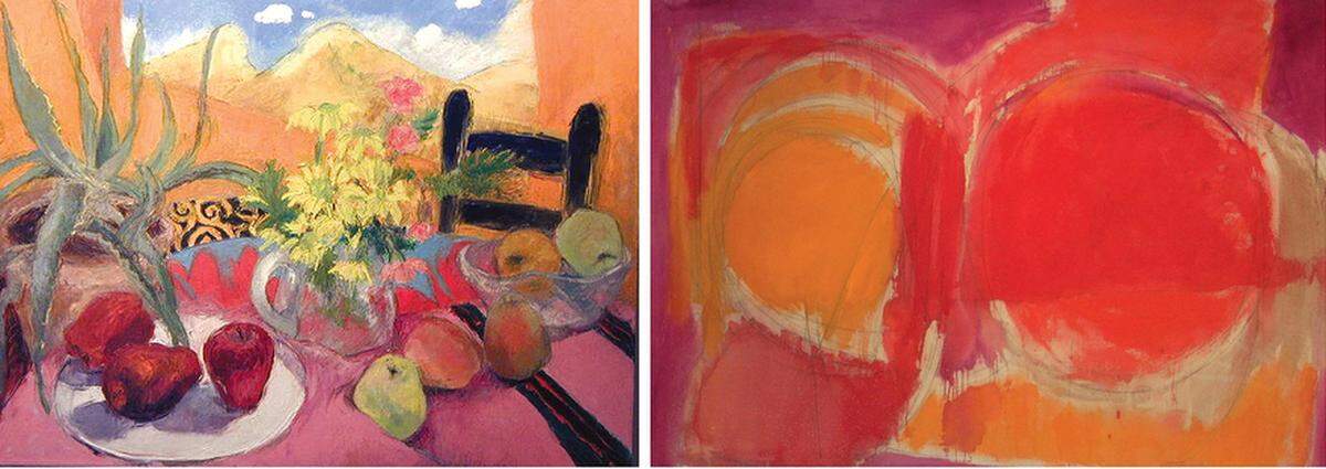Two paintings from a retrospective of the Bennet’s work held at the Artists Coalition in 2006. At left, “Orange Hacienda,” oil on canvas, and “Fulﬁllment in Red and Orange,” acrylic stain.