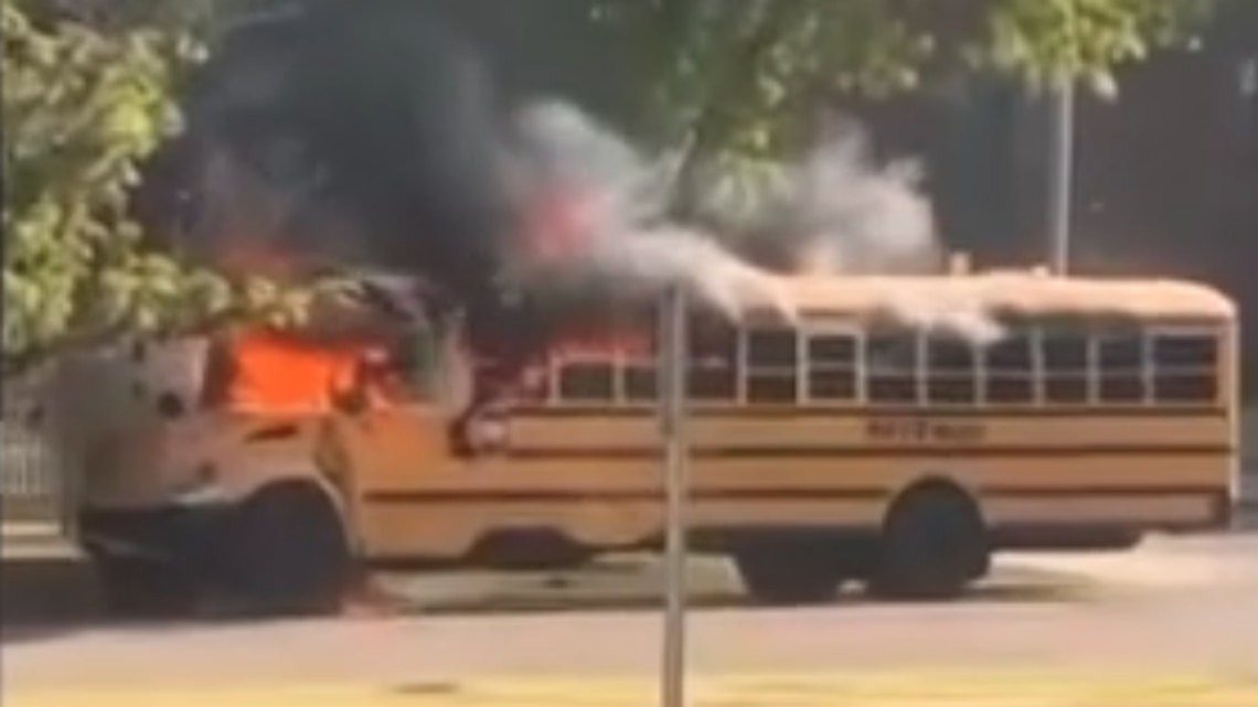 A school bus ignited in flames moments after the pregnant driver brought the kids to safety.