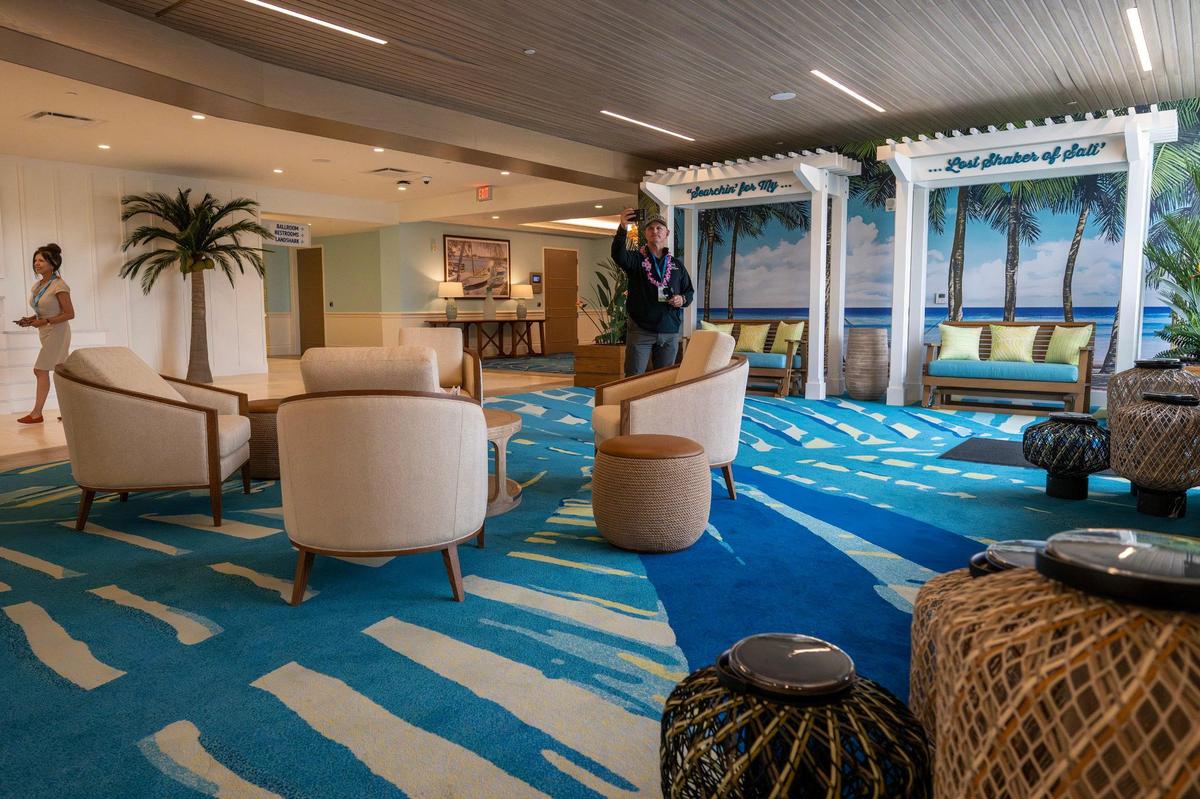 A lounging area in the lobby of Margaritaville Hotel is seen on Tuesday, June 17, 2025, in Kansas City, Kansas.