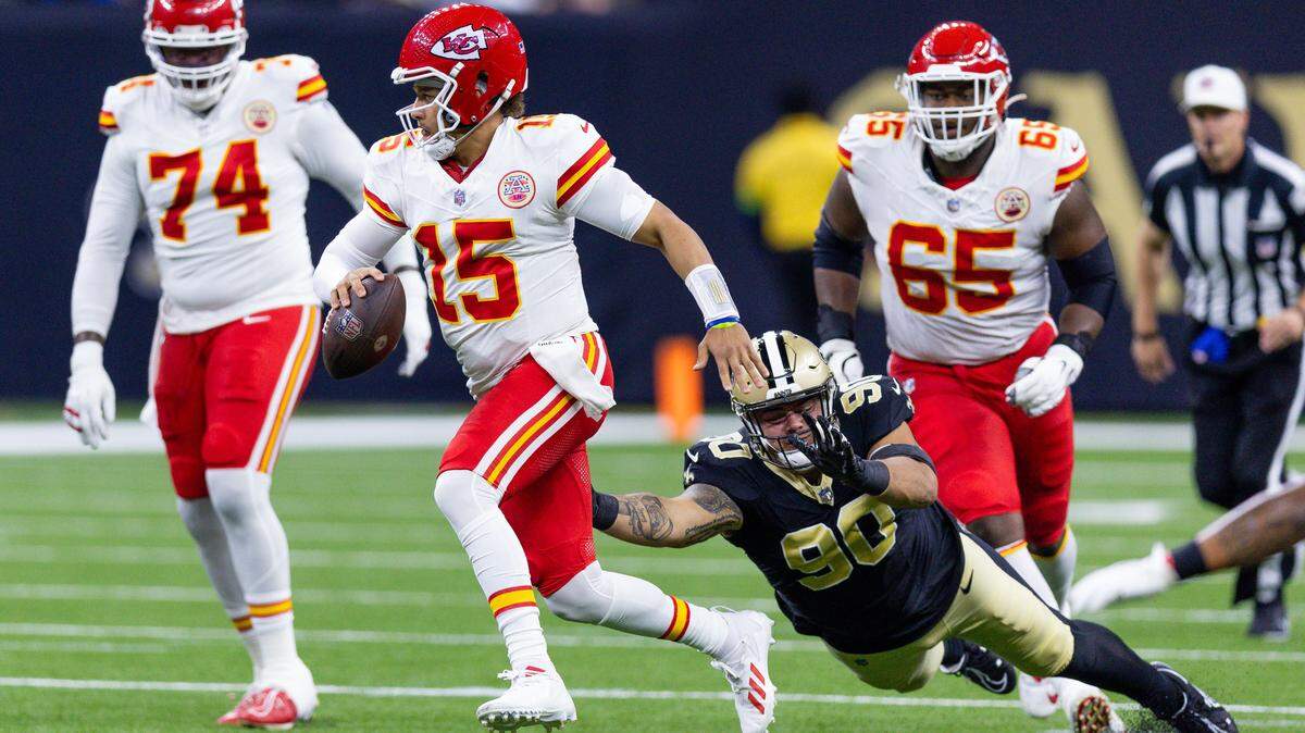 New Orleans Saints defender Bryan Bresee misses a tackle on Kansas City Chiefs quarterback Patrick Mahomes during Sunday’s NFL preseason opener at the Superdome in New Orleans.