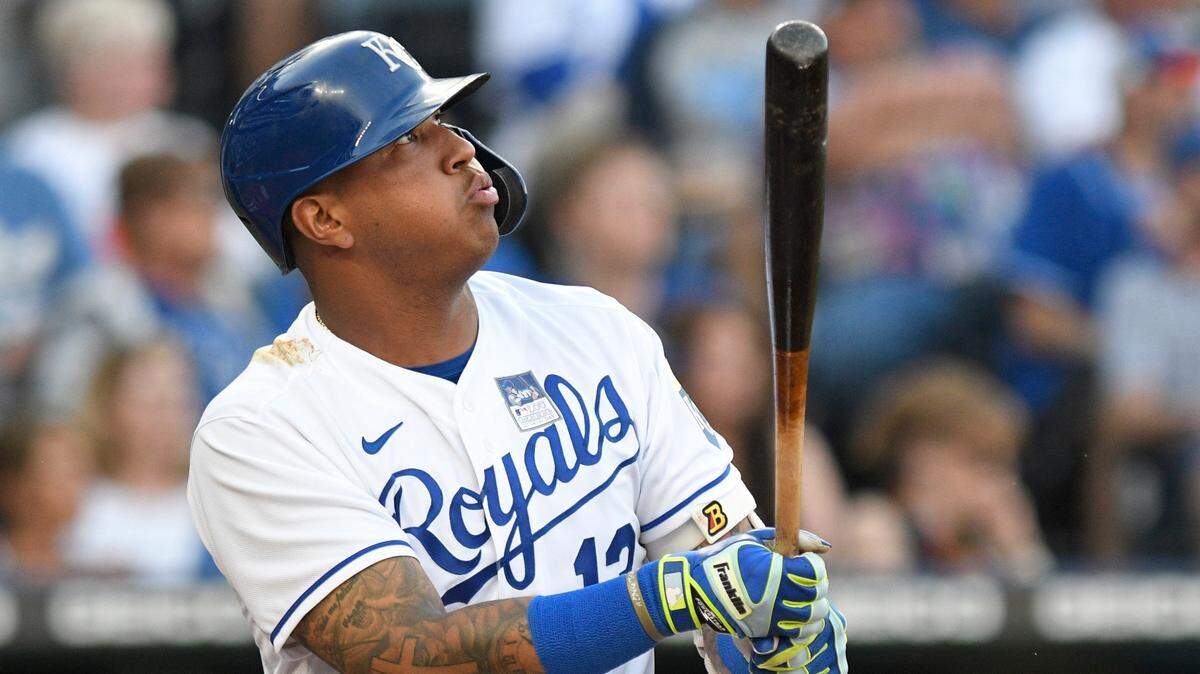 The Royals’ Salvador Perez watches his home run during the first inning against the Minnesota Twins on Thursday, June 3, 2021, at Kauffman Stadium in Kansas City, Mo.