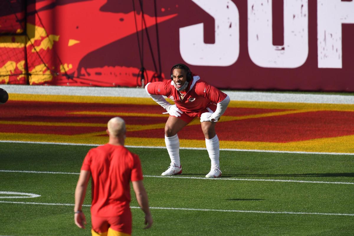 Kansas City Chiefs outside linebacker Damien Wilson warms up Sunday, February 7, 2021, before Super Bowl LV at Raymond James Stadium in Tampa, Florida.