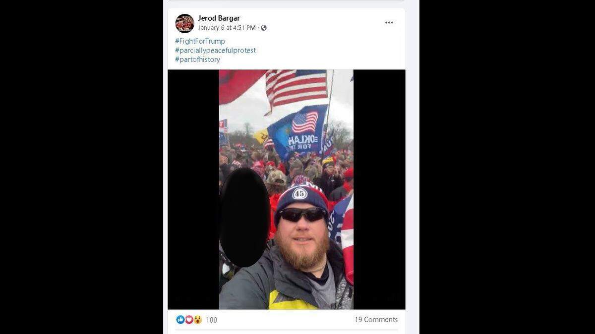 This photo shows Jerod Thomas Bargar, of Centralia, Missouri, at the U.S. Capitol on Jan. 6, 2021.