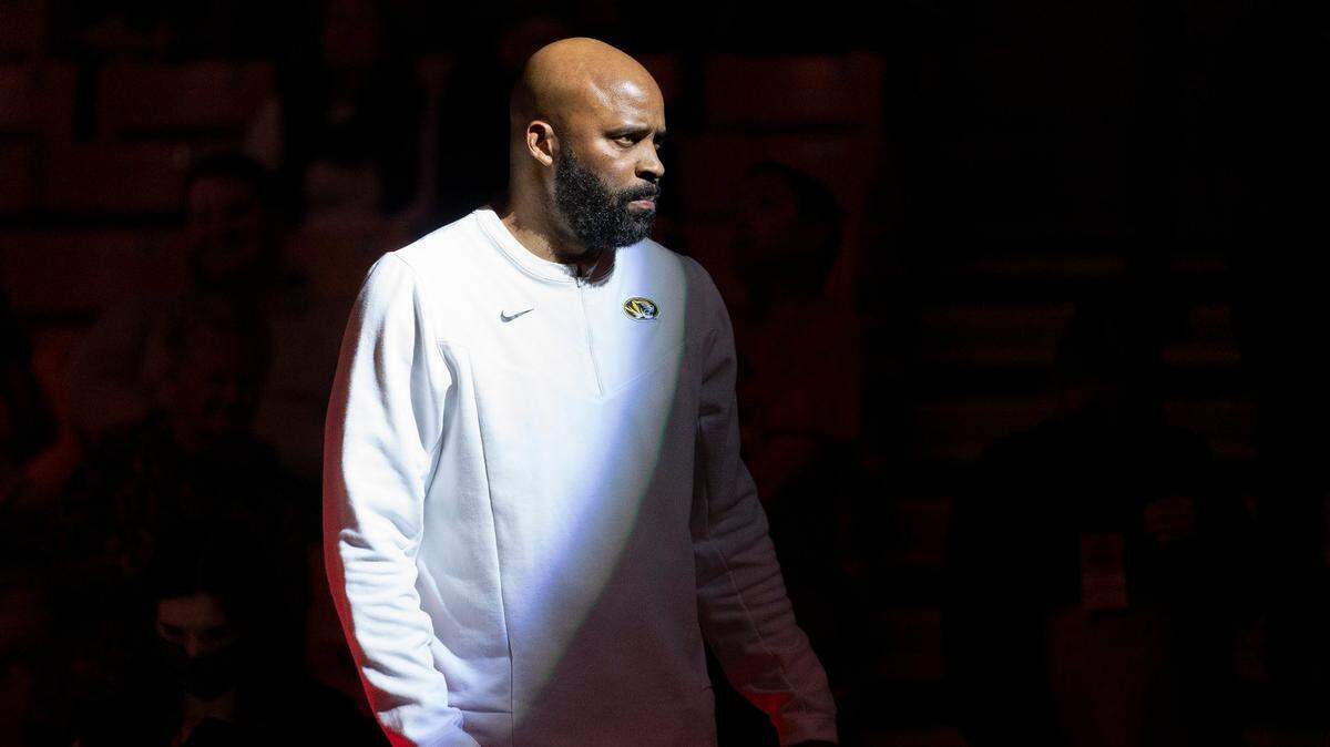 Missouri head coach Cuonzo Martin watches his team announced before the start of an NCAA college basketball game against Paul Quinn Monday, Nov. 29, 2021, in Columbia, Mo. (AP Photo/L.G. Patterson)