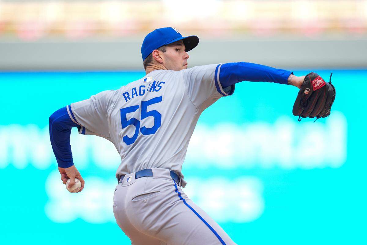 Kansas City Royals pitcher Cole Ragans (55) pitches against the Minnesota Twins in the first inning at Target Field on May 28, 2024.