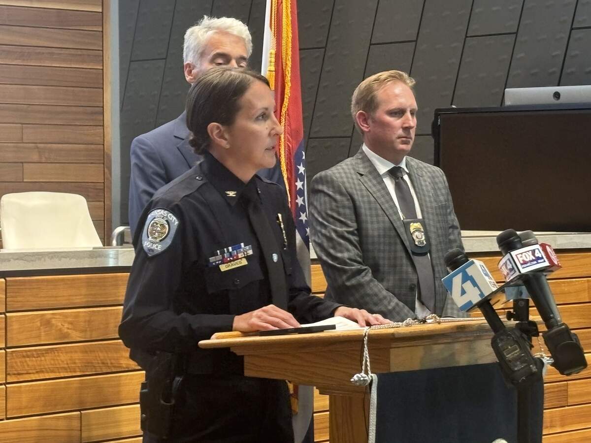 Kansas City Police Department Chief Stacey Graves addresses the media at police headquarters on June 17, 2026. Earlier in the evening, the department announced it was searching for 22-year-old Oscar Sanchez-Munoz in connection to a string of shootings along I-70 and I-670 that occurred on June 16, 2026, that left four people injured and one dead.