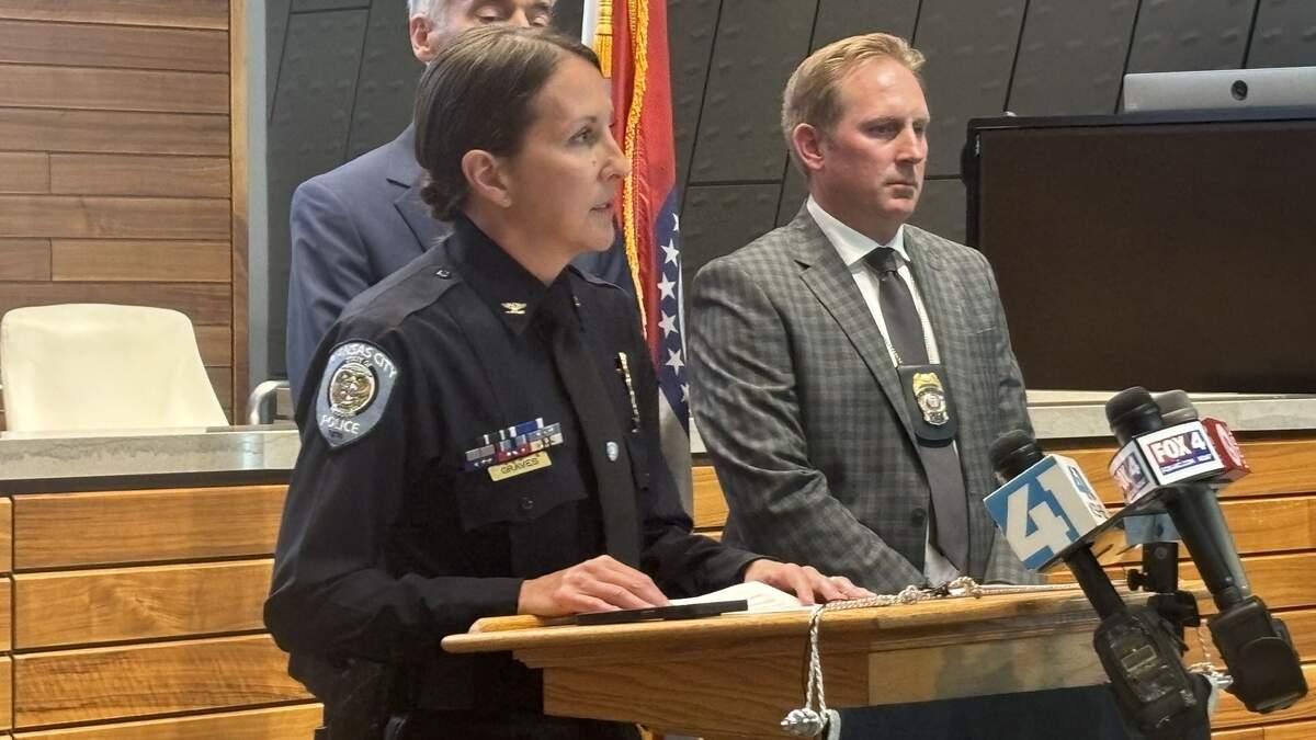 Kansas City Police Chief Stacey Graves addresses the media at police headquarters on June 17, 2026. Earlier in the evening, the department announced it was searching for 22-year-old Oscar Sanchez-Munoz in connection to a string of shootings along I-70 and I-670 that occurred on June 16, 2026, leaving four people injured and one dead.