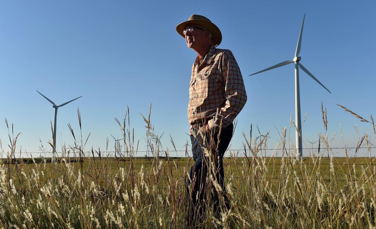 The first wind farm in the Flint Hills and the second in the state of Kansas was erected on rancher Pete Ferrell’s land in Beaumont, Kansas, in 2005. Ferrell is a strong supporter of wind farms because he says the income it generates helps get him through drought years. He also sees renewable energy sources such as wind power as a benefit to society because it reduces carbon in the atmosphere.