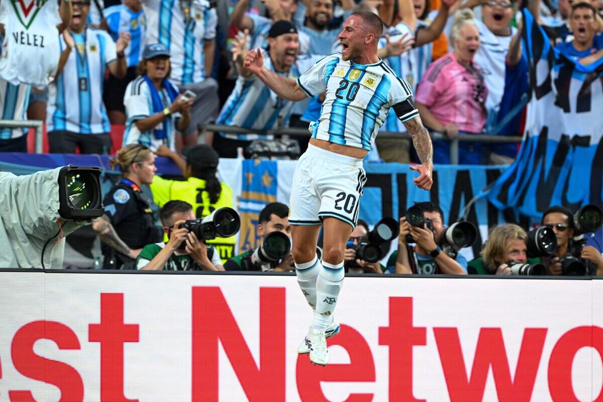 Argentina midfielder Alexis Mac Allister (20) celebrates after scoring the first goal of the match to put Argentina up 1-0 over Switzerland in the 2026 World Cup Quarterfinal football match at Kansas City (Arrowhead) Stadium in Kansas City on Saturday, July 11, 2026.