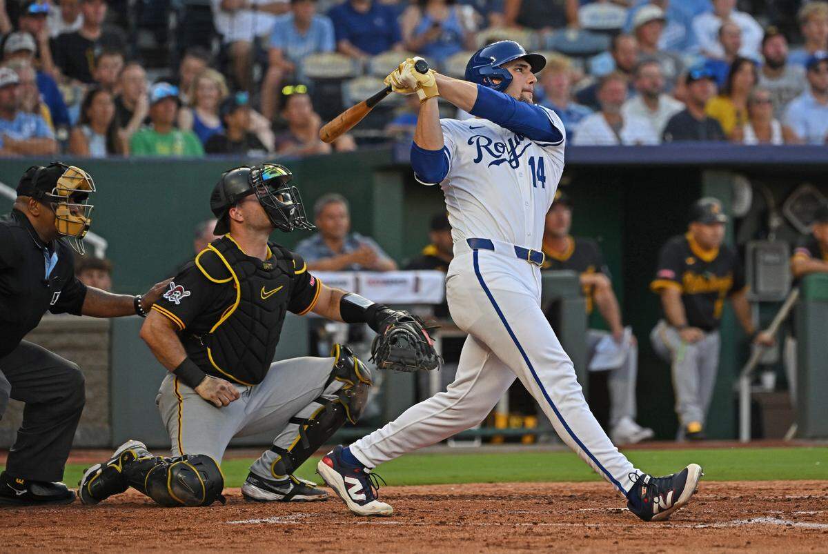 Royals right fielder Jac Caglianone wallops a two-run home run to straightaway center during the fourth inning of a Wednesday, July 9, 2025 Major League Baseball game against the Pittsburgh Pirates at Kauffman Stadium in Kansas City.