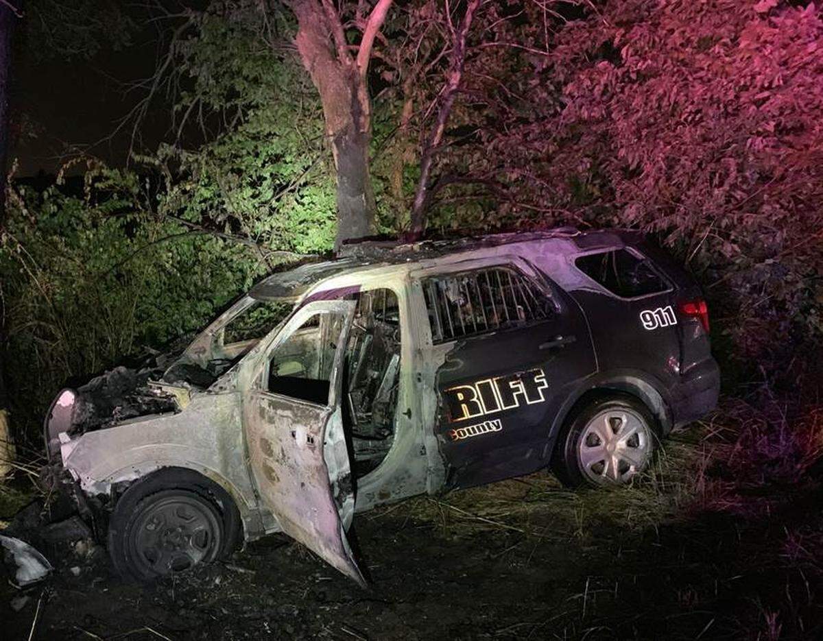 A Cass County deputy’s vehicle caught fire after a wreck during a chase Monday night near E. 155th Street and South Prospect.